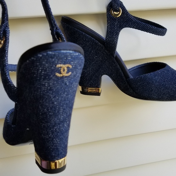 CHANEL Shoes - CHANEL Navy Blue Denim Wedge Heel Sandal